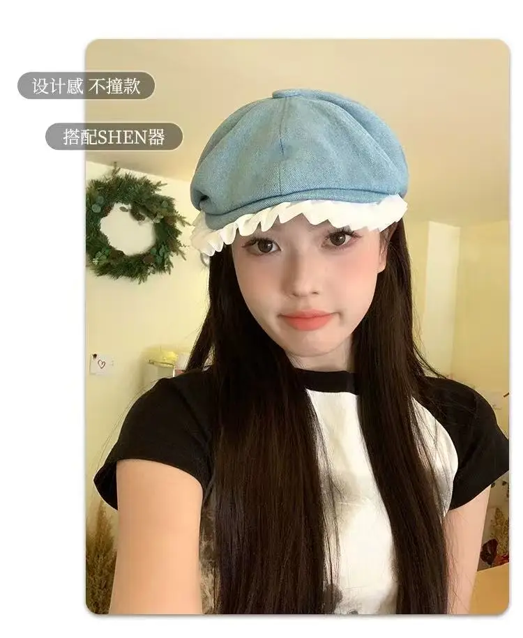 Blue Lace Denim Forward Cap Vintage Ballet Style — feature 6
