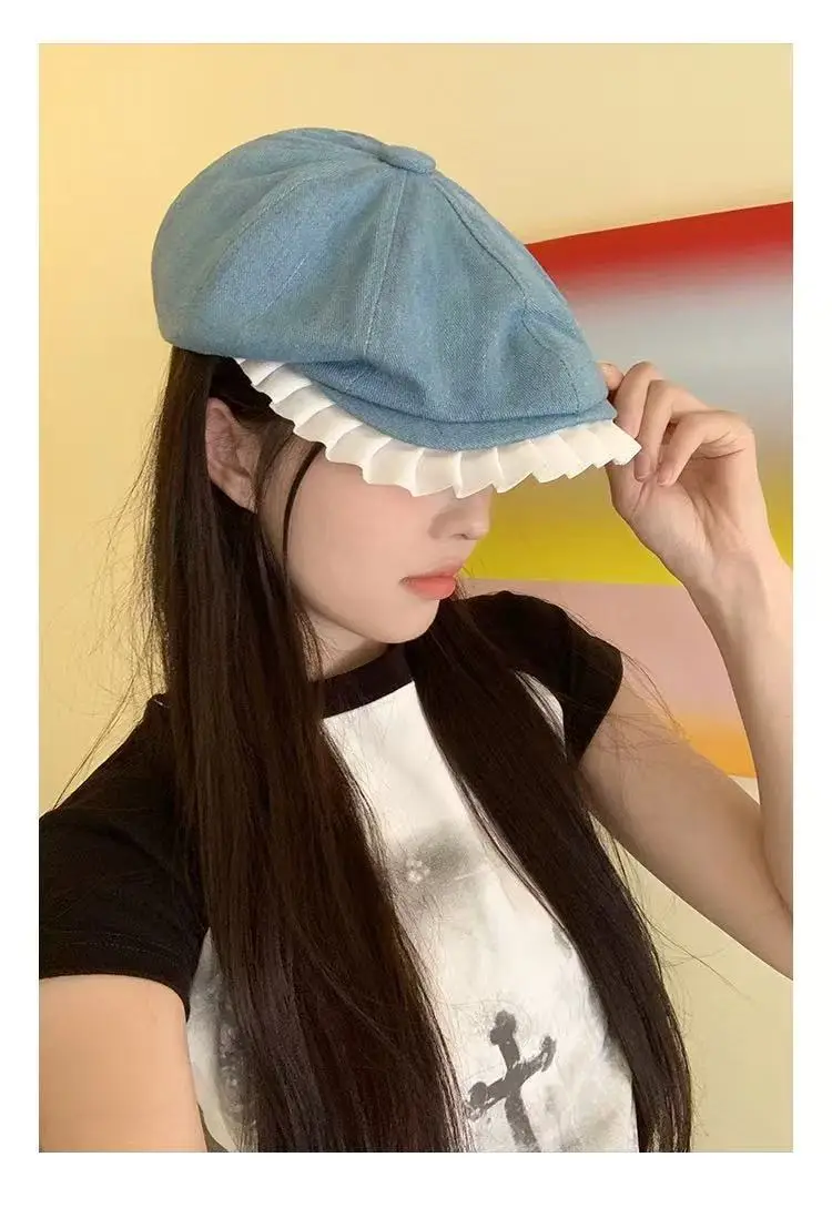 Blue Lace Denim Forward Cap Vintage Ballet Style — feature 8