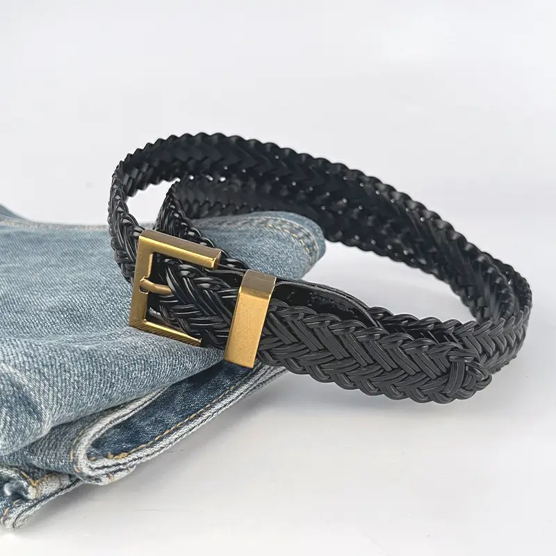 Women's Braided Belt Black Gold Plated with Casual Pants