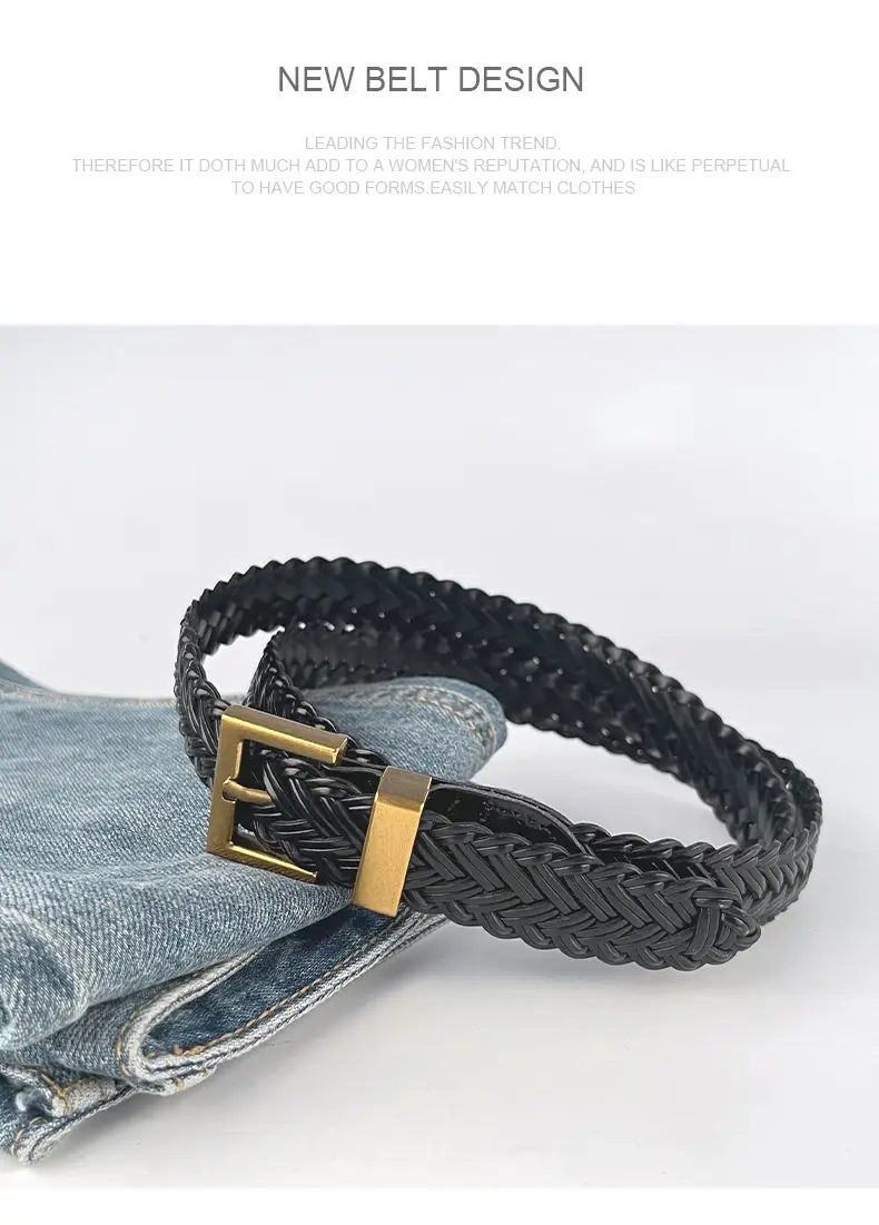 Women's Braided Belt Black Gold Plated with Casual Pants — feature 13