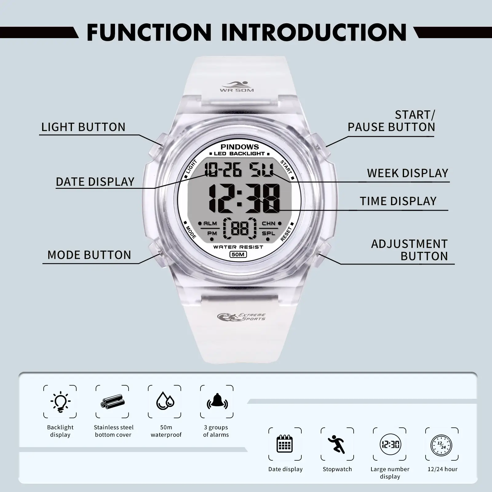 Backlight Display Waterproof Digital Watch for Men Women — feature 15