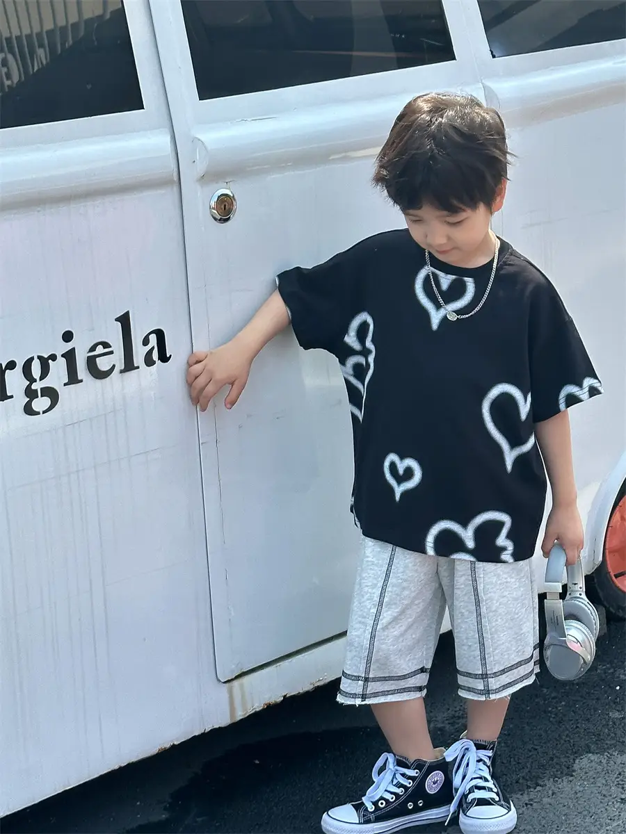Boys White Heart Print Short Sleeve T-Shirt 2025