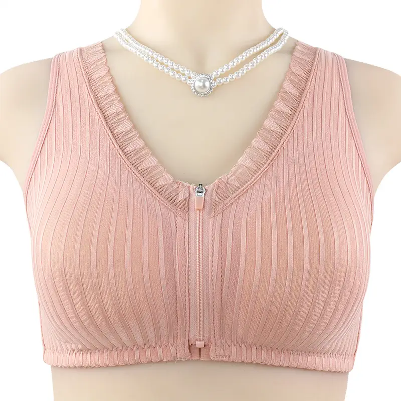 New Soft Cotton Cup Middle-aged and Elderly Underwear Women's Front Zipper Fixed Cup No Steel Ring Vest plus size Bra