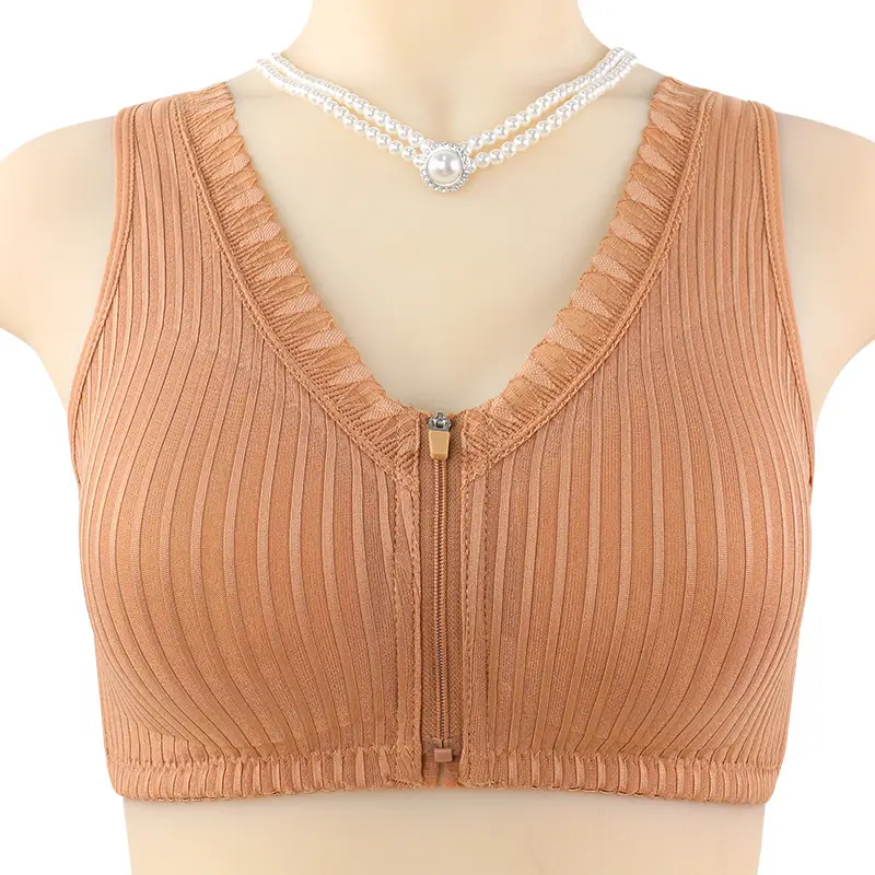 New Soft Cotton Cup Middle-aged and Elderly Underwear Women's Front Zipper Fixed Cup No Steel Ring Vest plus size Bra