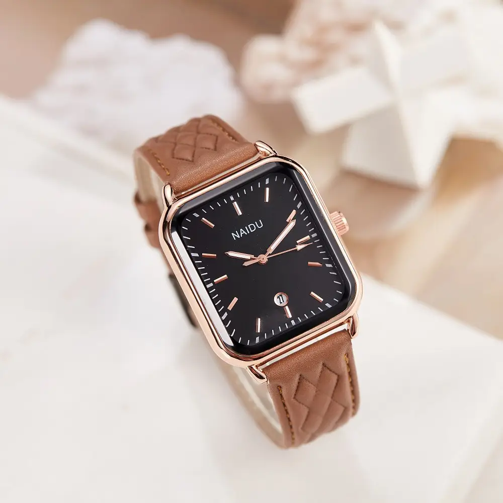 Mardi Rose Gold Rectangular Watch Brown Leather Belt - Image 5
