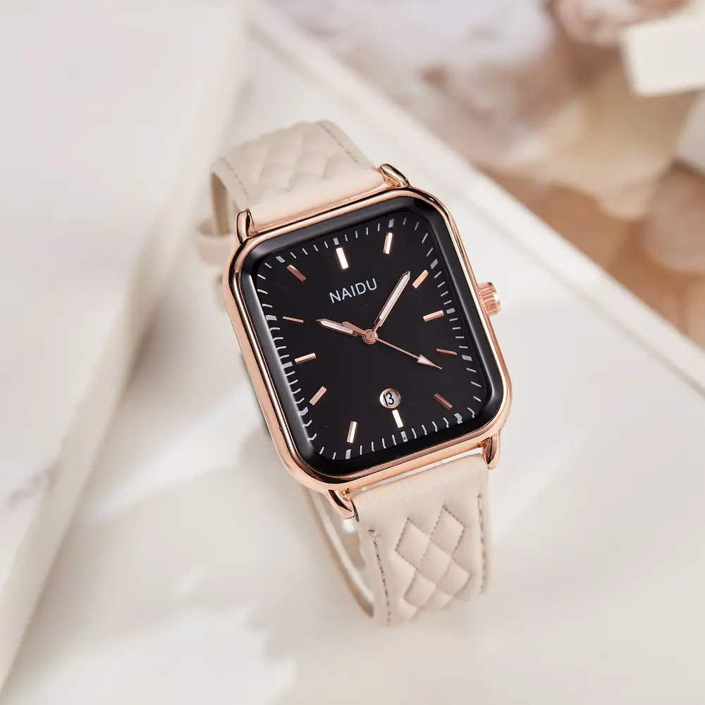 Mardi Rose Gold Rectangular Watch Brown Leather Belt - Image 6