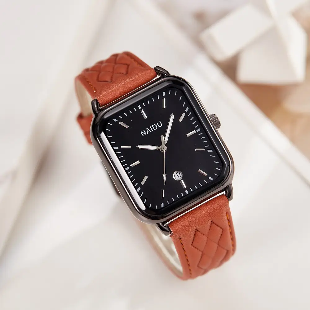 Mardi Rose Gold Rectangular Watch Brown Leather Belt - Image 8