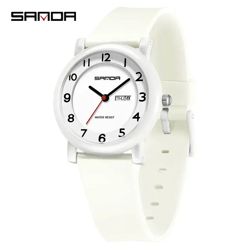 Sanda White Silicone Student Watch with Double Calendar - Image 3