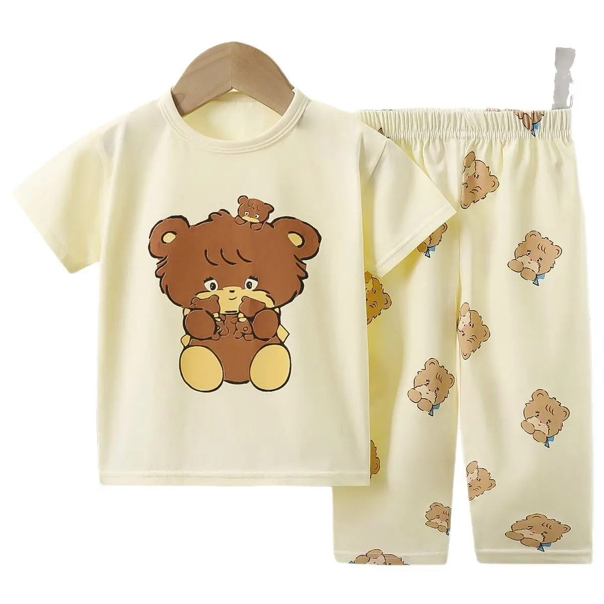 Children Cotton Bear Print Shorts Top Set Summer