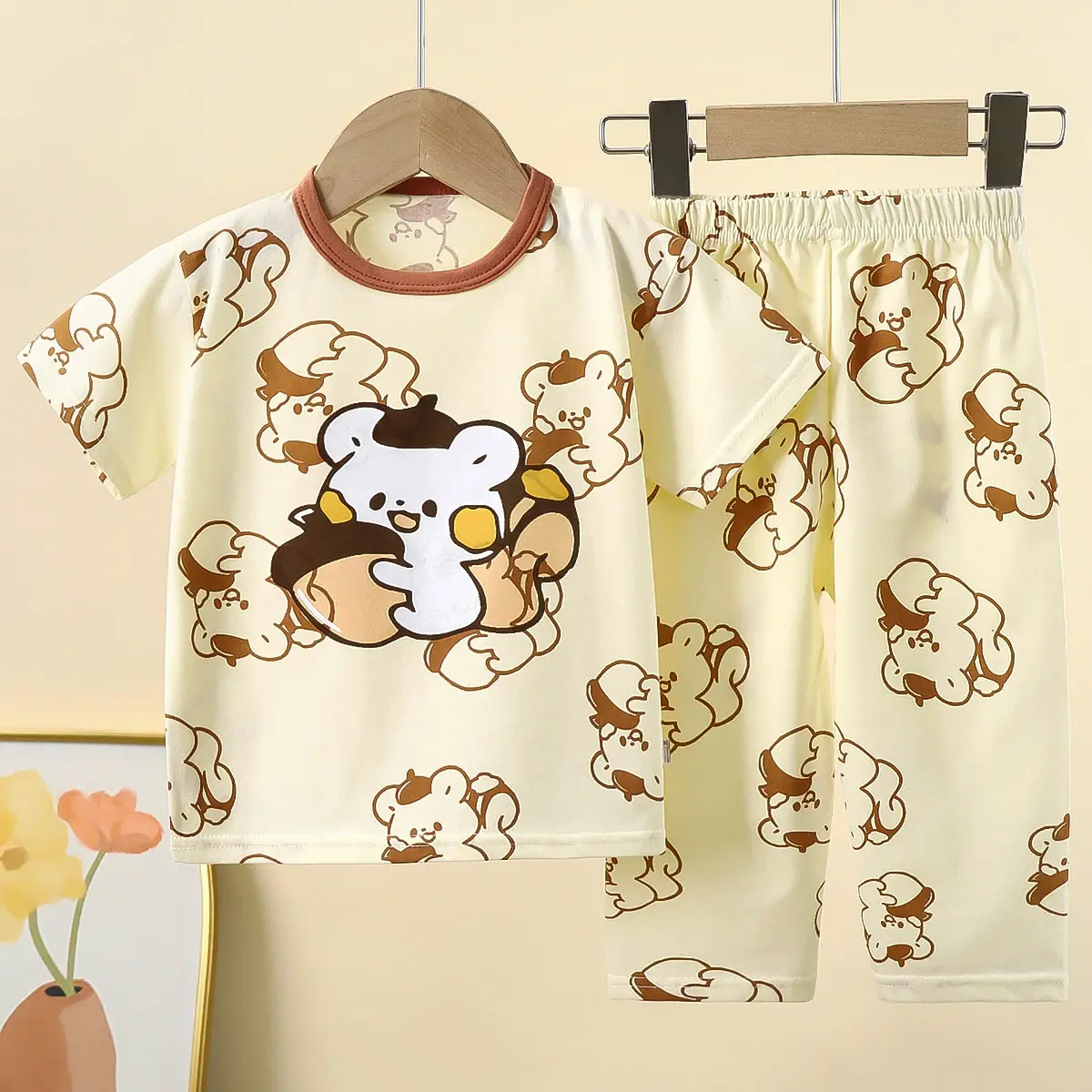 Children Cotton Bear Print Shorts Top Set Summer