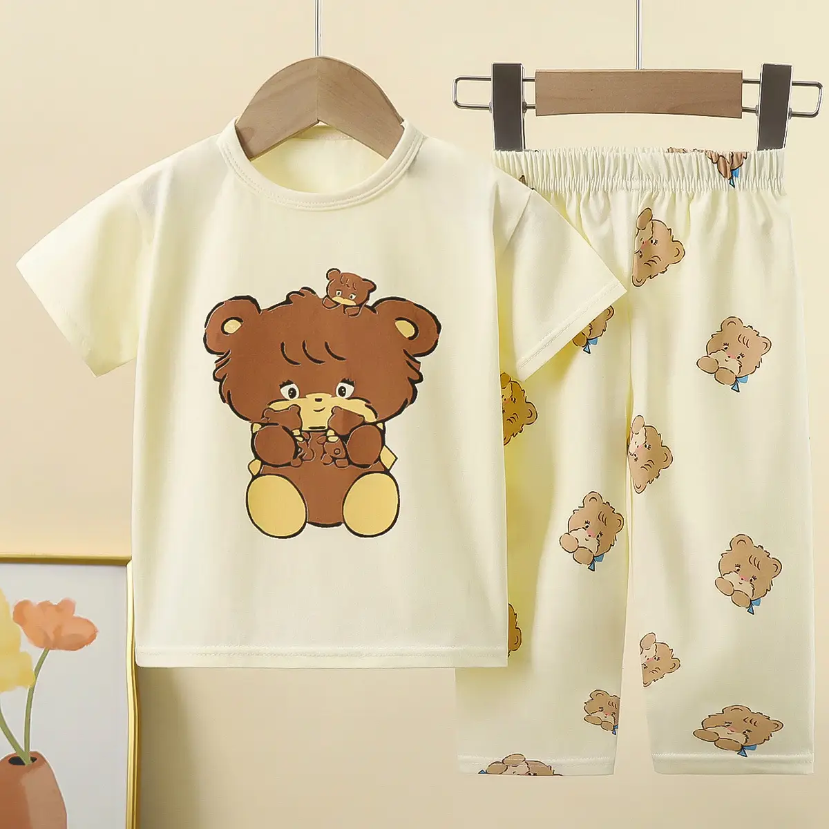 Children Cotton Bear Print Shorts Top Set Summer