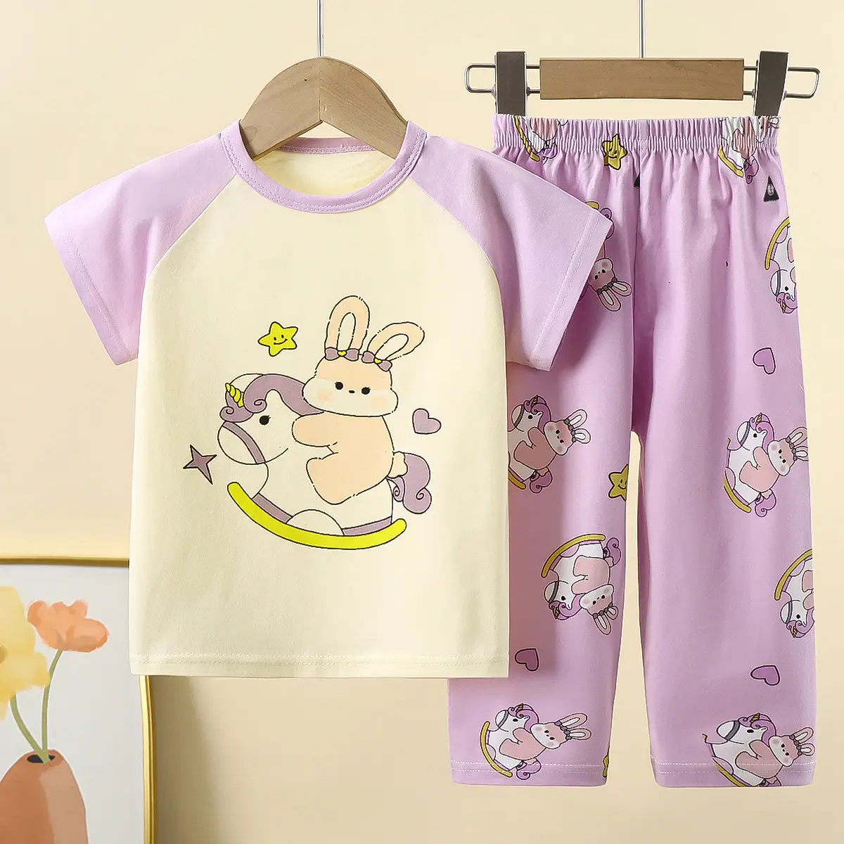 Children Cotton Bear Print Shorts Top Set Summer