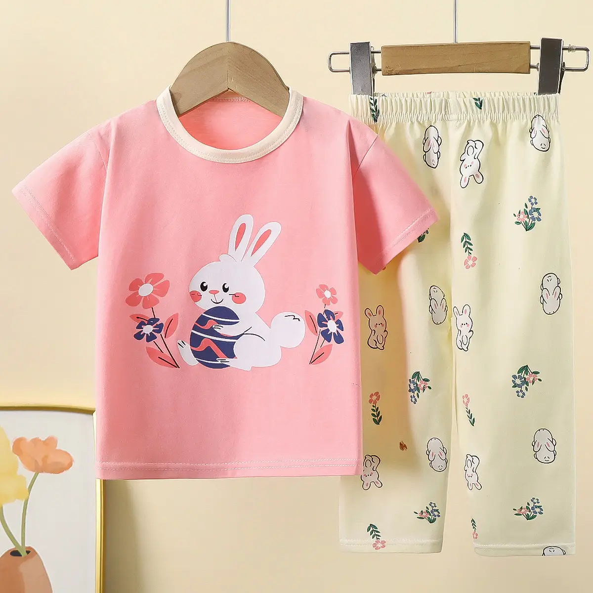 Children Cotton Bear Print Shorts Top Set Summer