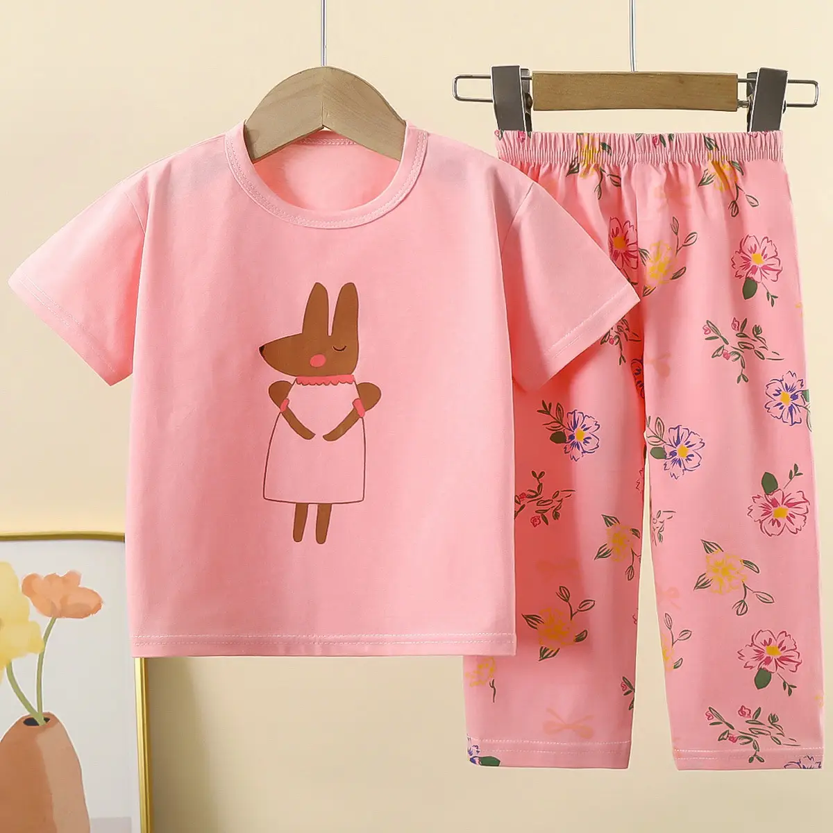 Children Cotton Bear Print Shorts Top Set Summer