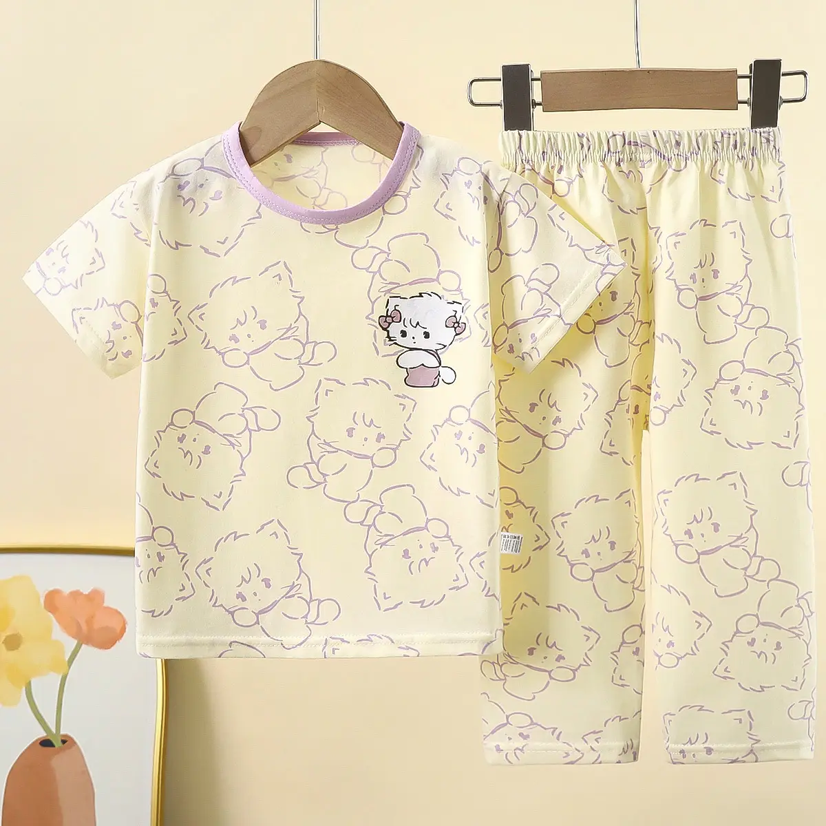 Children Cotton Bear Print Shorts Top Set Summer