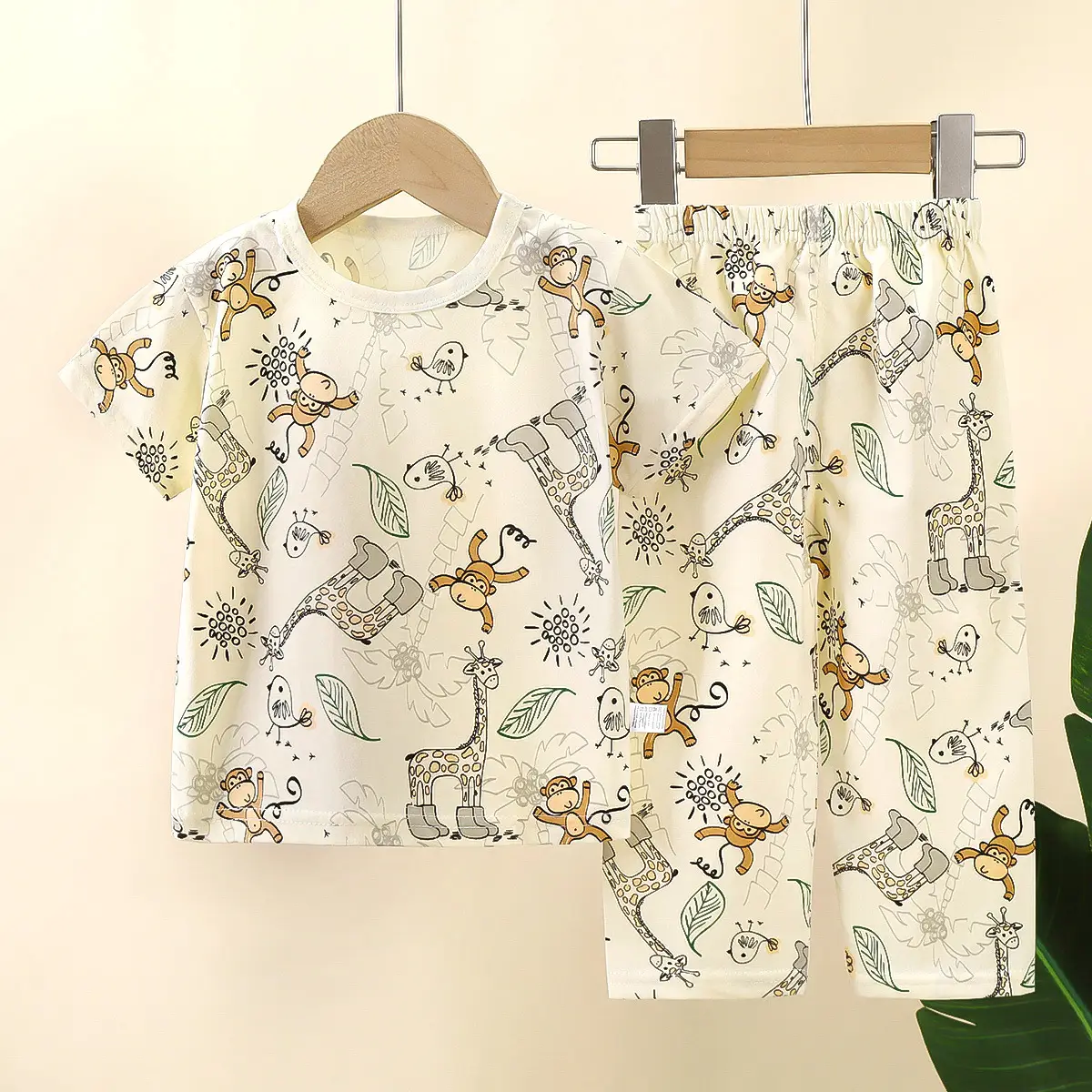 Children Cotton Bear Print Shorts Top Set Summer