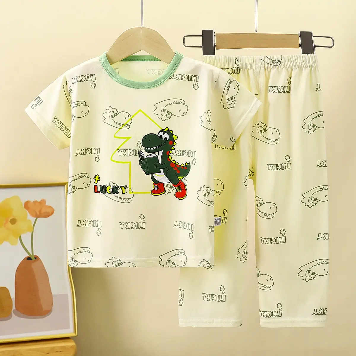 Children Cotton Bear Print Shorts Top Set Summer