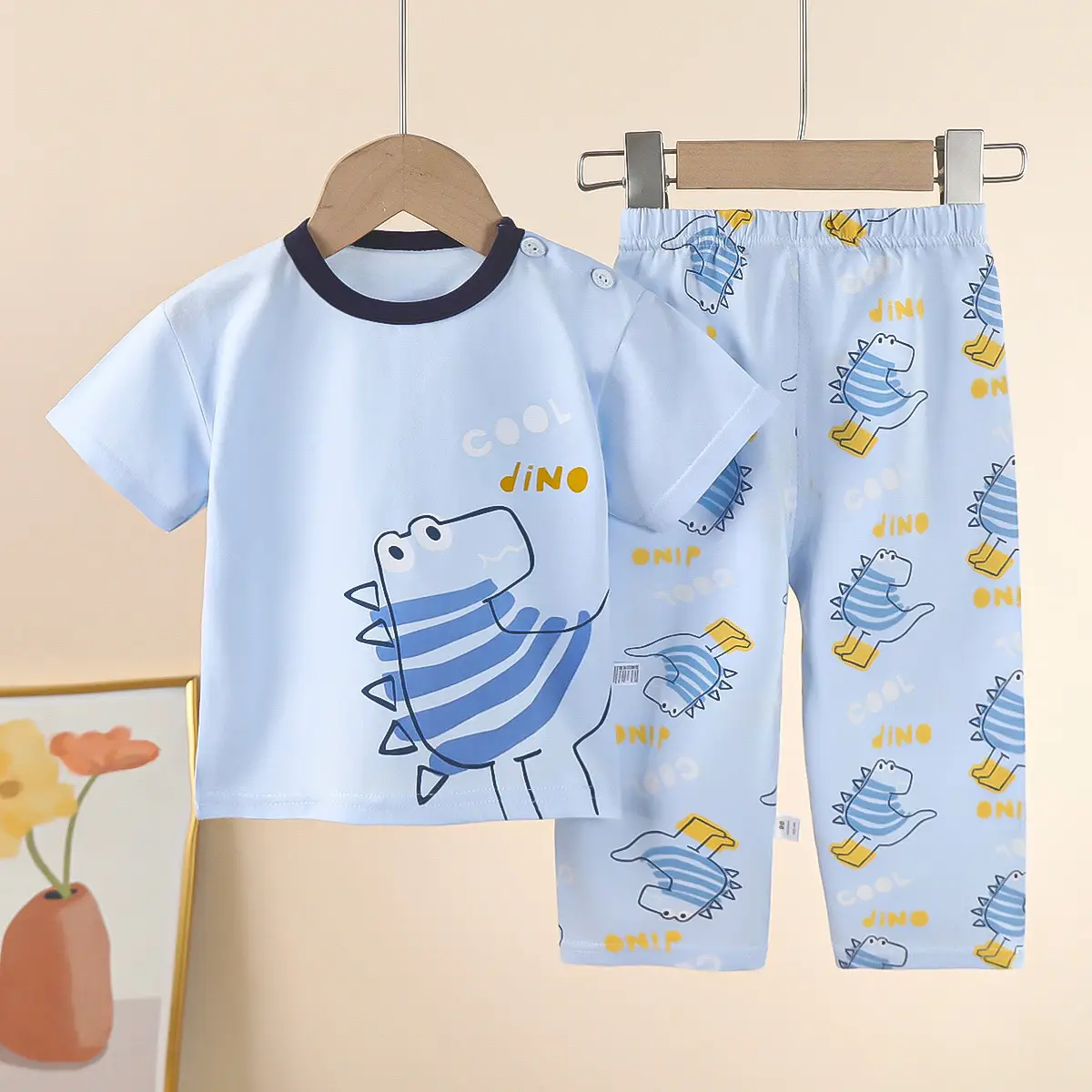 Children Cotton Bear Print Shorts Top Set Summer