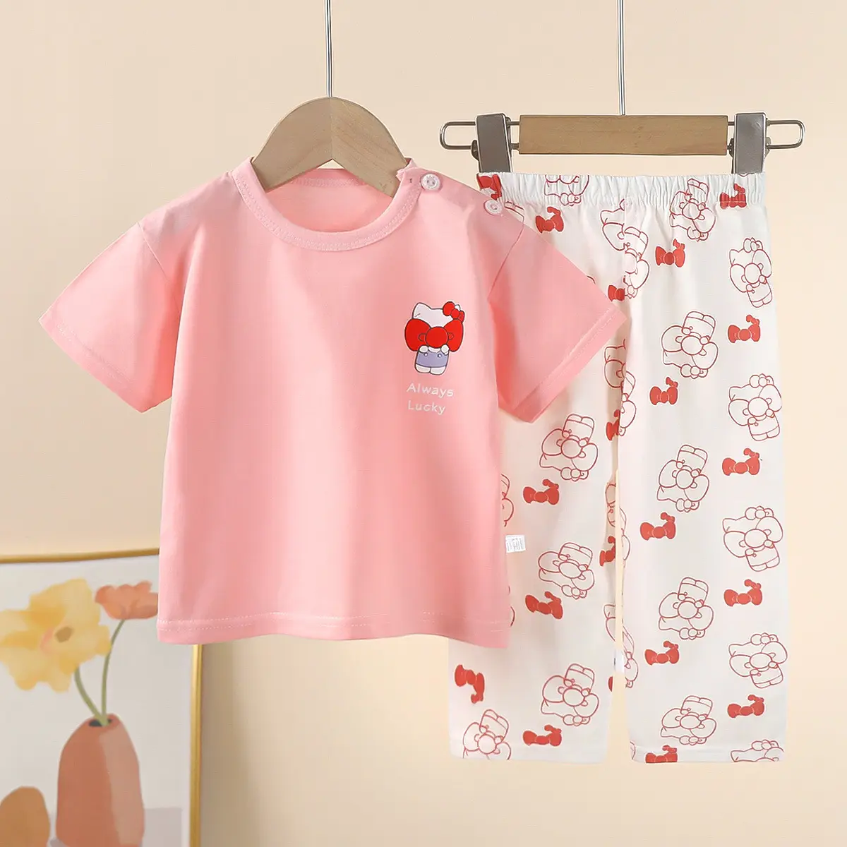 Children Cotton Bear Print Shorts Top Set Summer