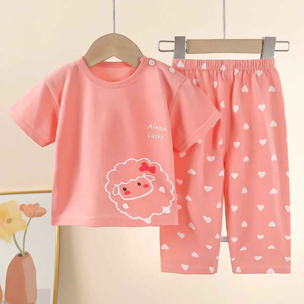 Children Cotton Bear Print Shorts Top Set Summer