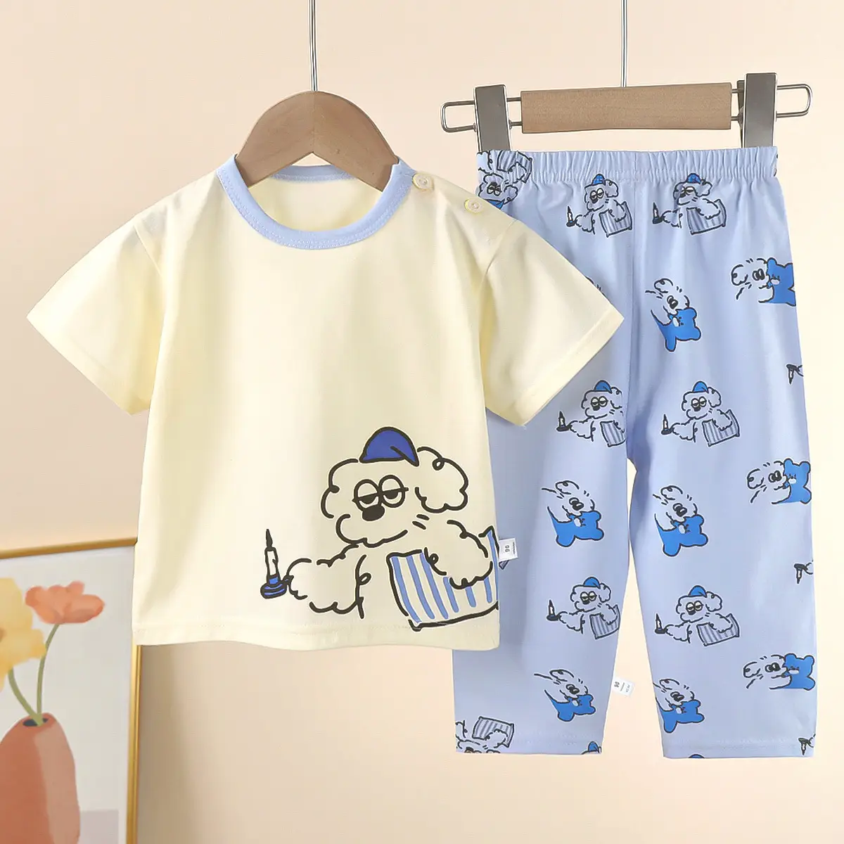 Children Cotton Bear Print Shorts Top Set Summer