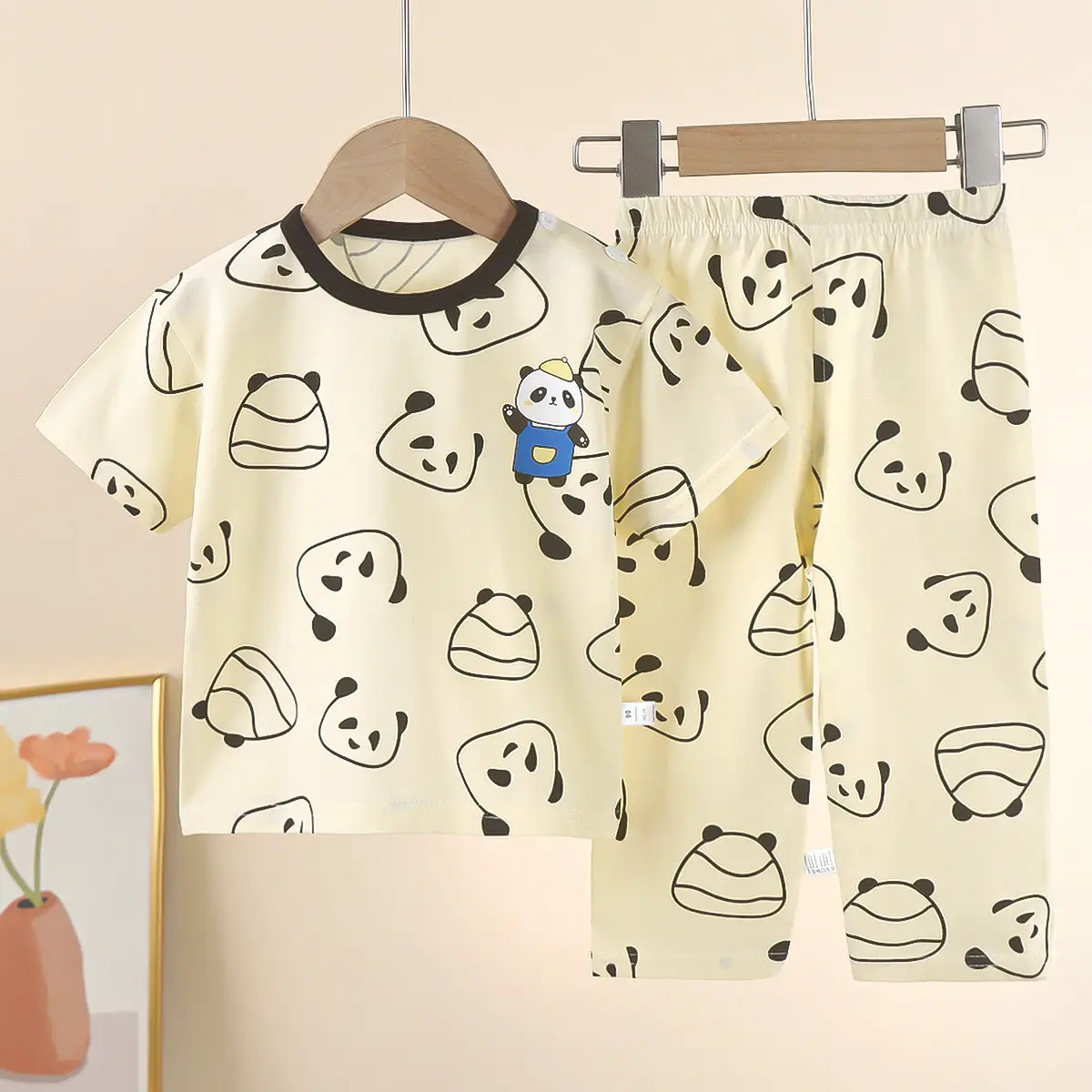 Children Cotton Bear Print Shorts Top Set Summer