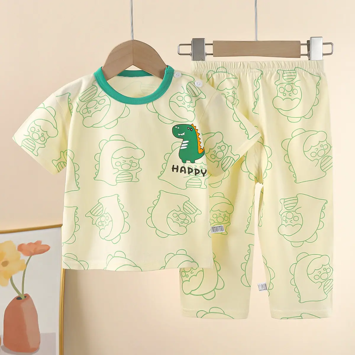 Children Cotton Bear Print Shorts Top Set Summer