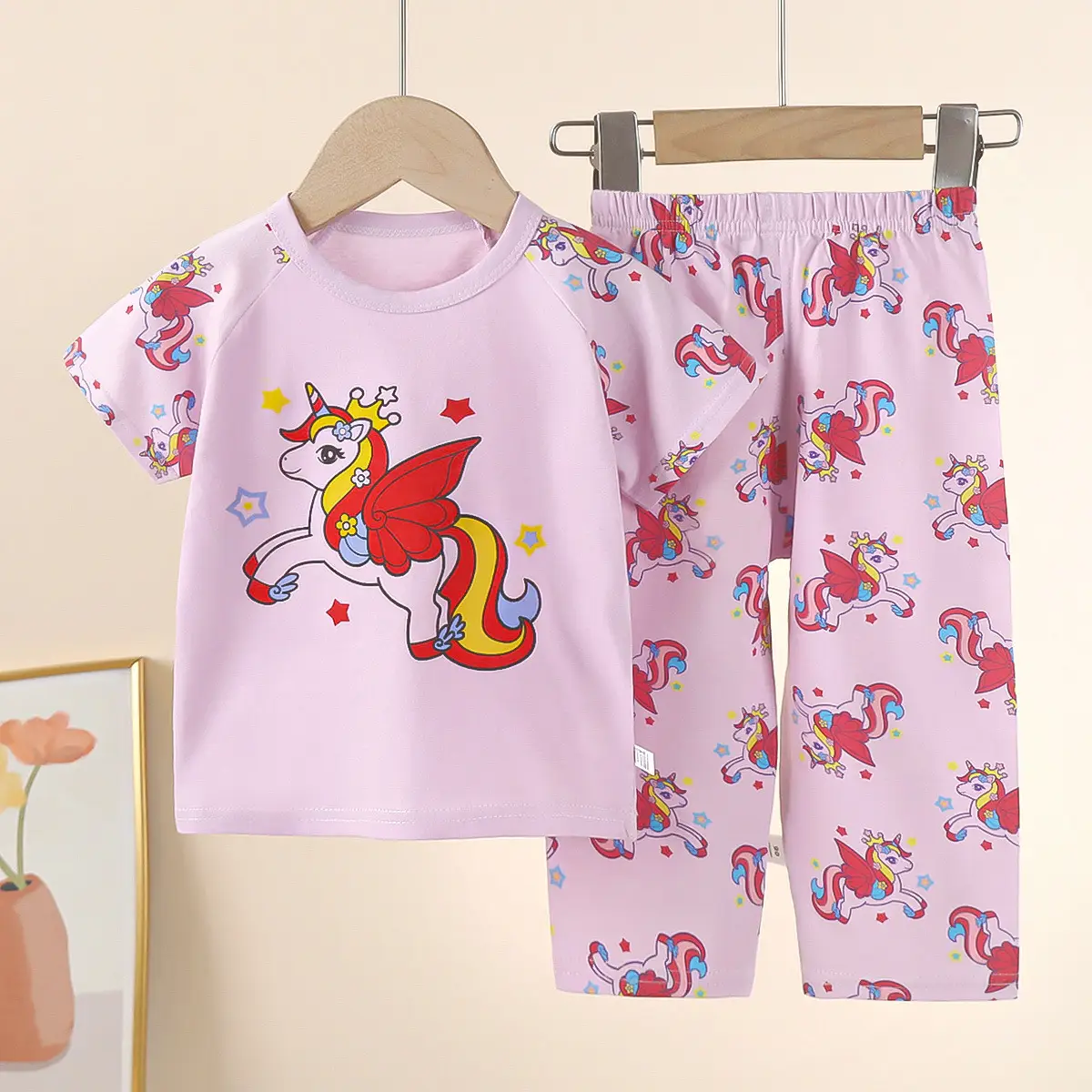 Children Cotton Bear Print Shorts Top Set Summer
