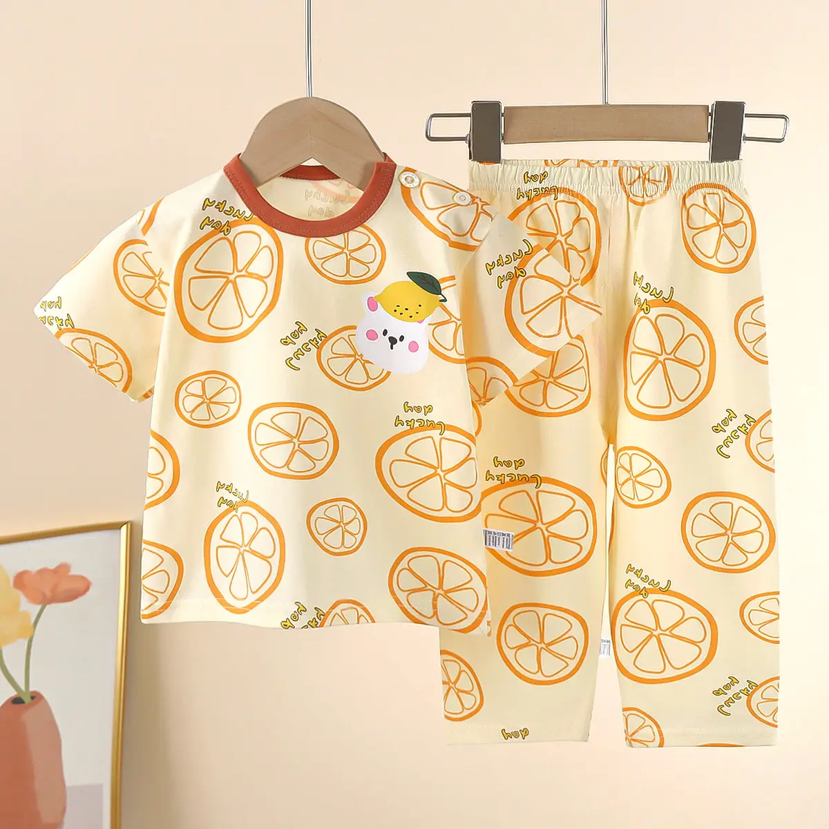 Children Cotton Bear Print Shorts Top Set Summer