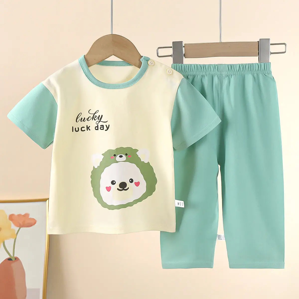 Children Cotton Bear Print Shorts Top Set Summer