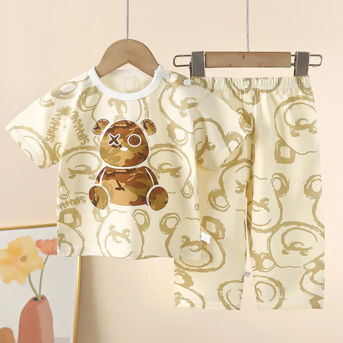 Children Cotton Bear Print Shorts Top Set Summer
