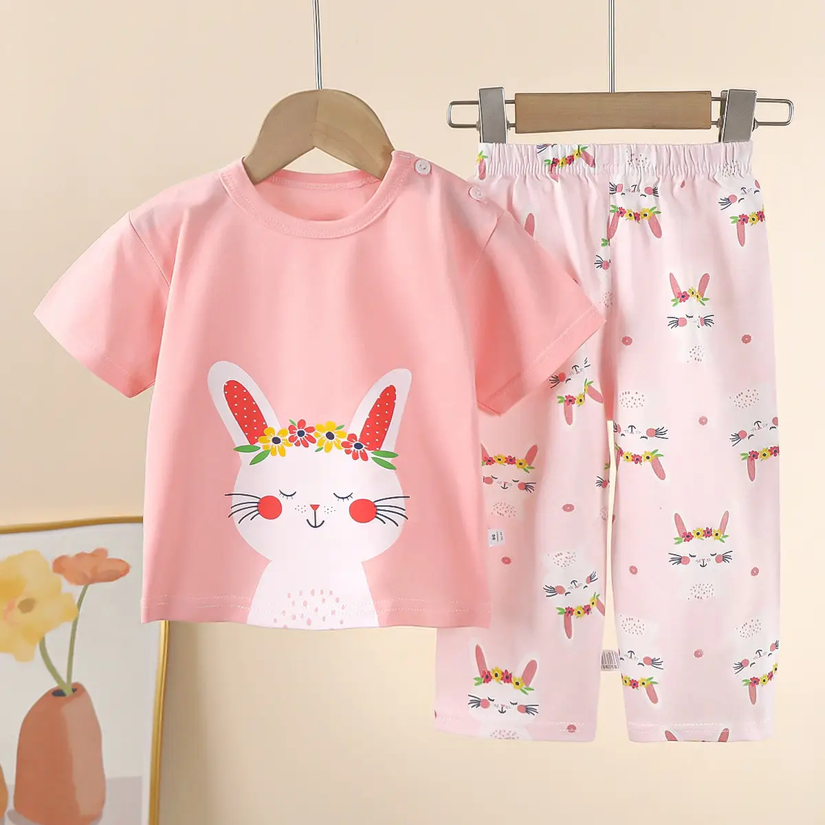 Children Cotton Bear Print Shorts Top Set Summer