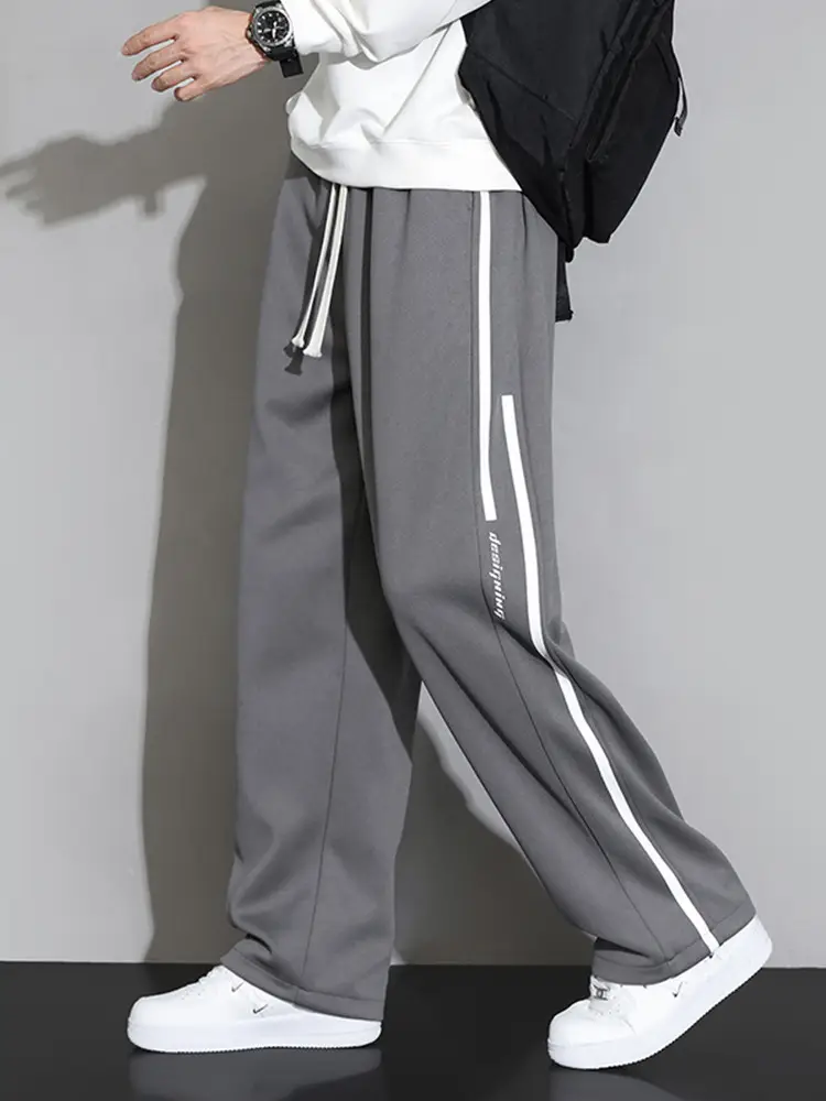 Men Straight Leg Sweatpants Grey Stripe Loose Fit - Image 14