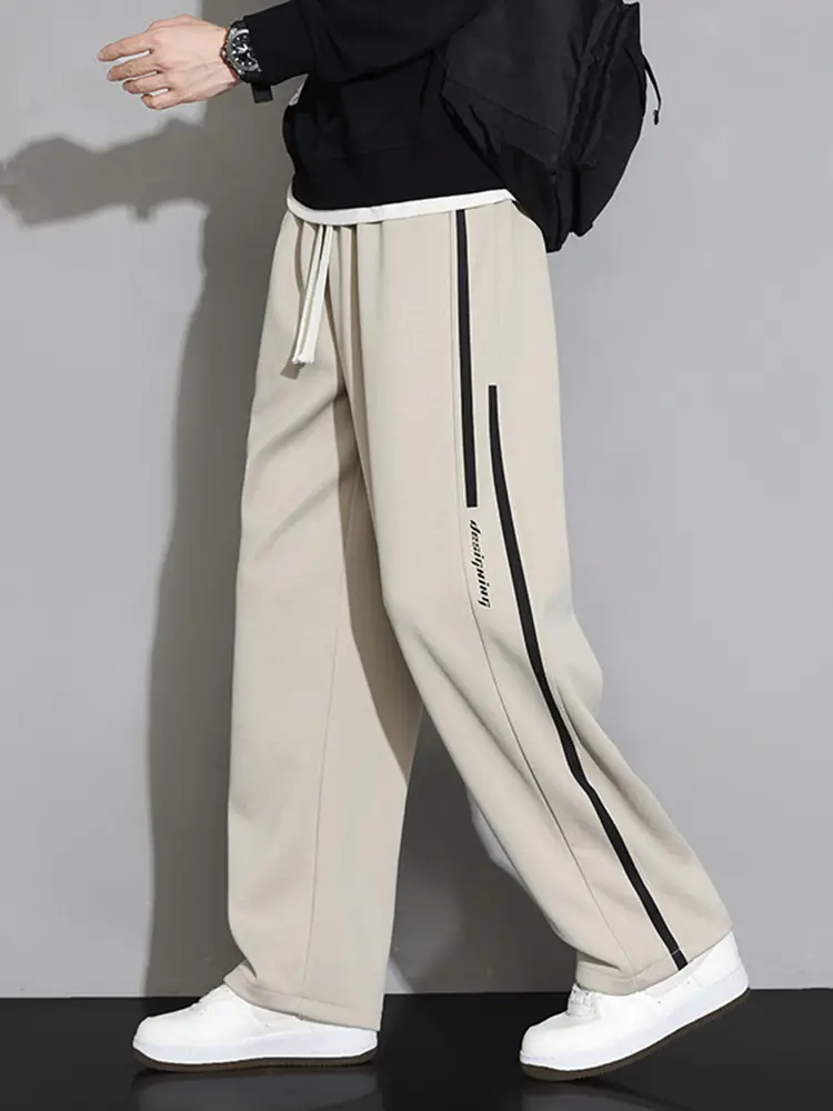 Men Straight Leg Sweatpants Grey Stripe Loose Fit - Image 15
