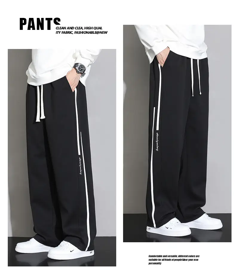 Men Straight Leg Sweatpants Grey Stripe Loose Fit — feature 13