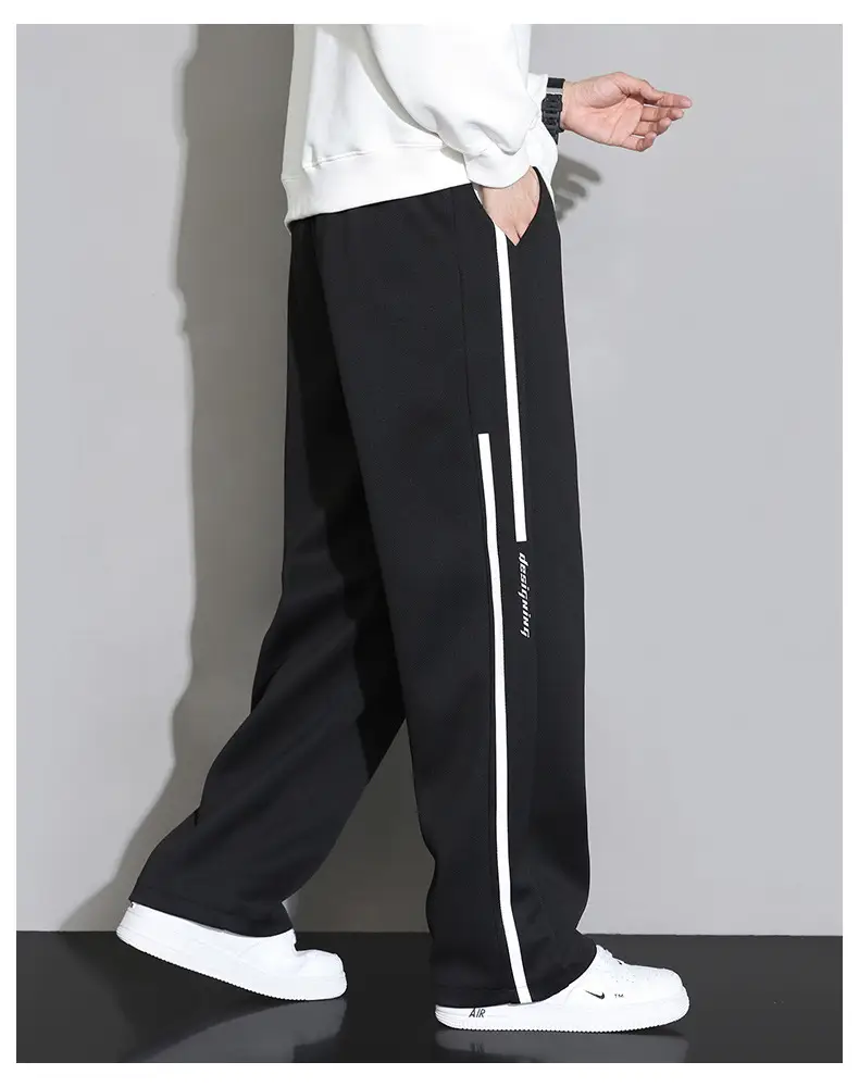 Men Straight Leg Sweatpants Grey Stripe Loose Fit — feature 14