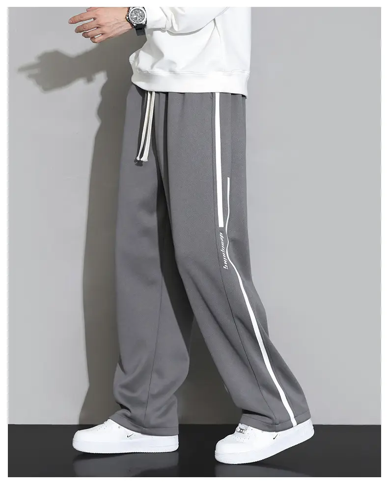 Men Straight Leg Sweatpants Grey Stripe Loose Fit — feature 16