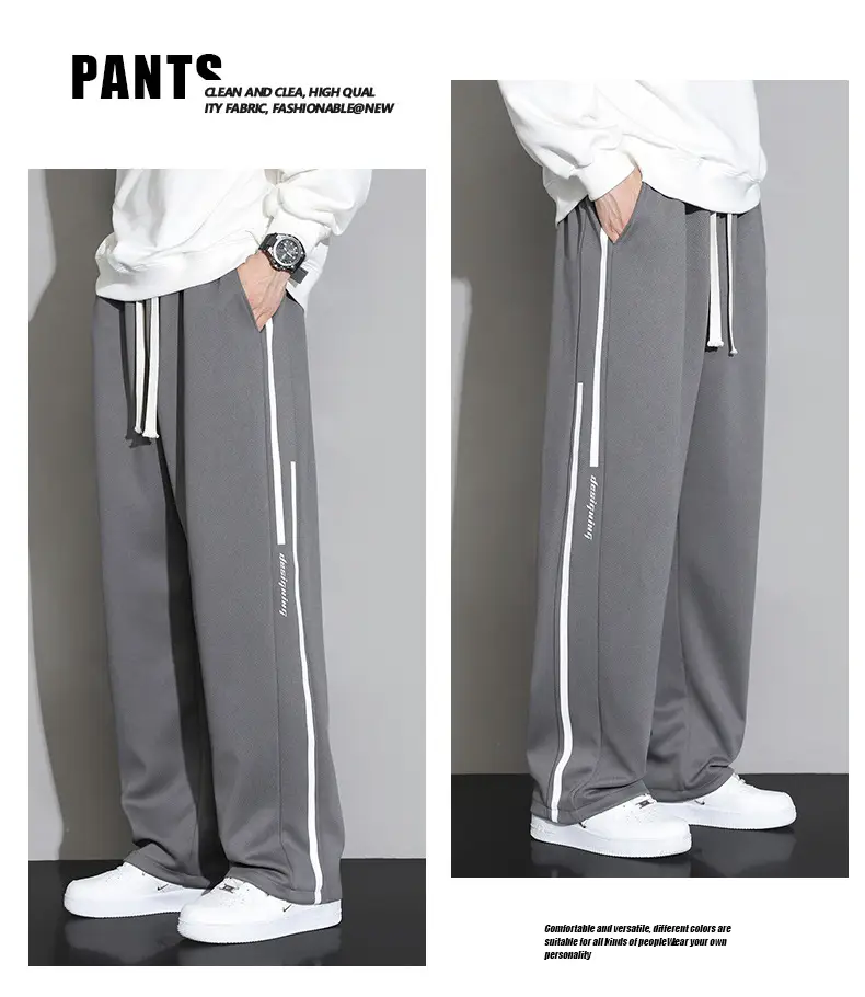 Men Straight Leg Sweatpants Grey Stripe Loose Fit — feature 17