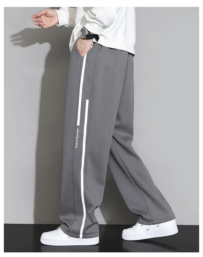 Men Straight Leg Sweatpants Grey Stripe Loose Fit — feature 19