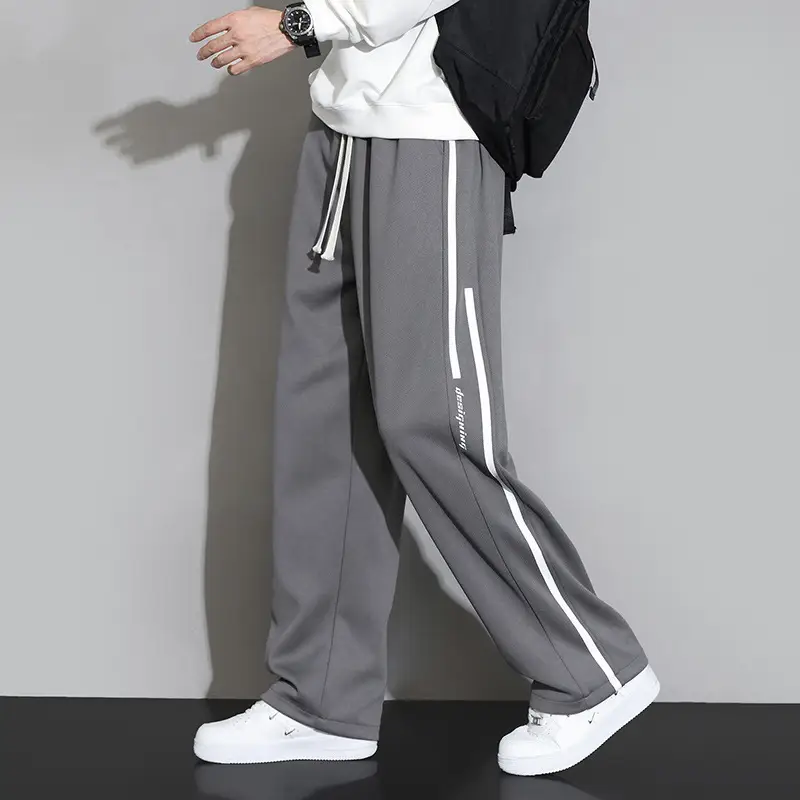Men Straight Leg Sweatpants Grey Stripe Loose Fit - Image 2