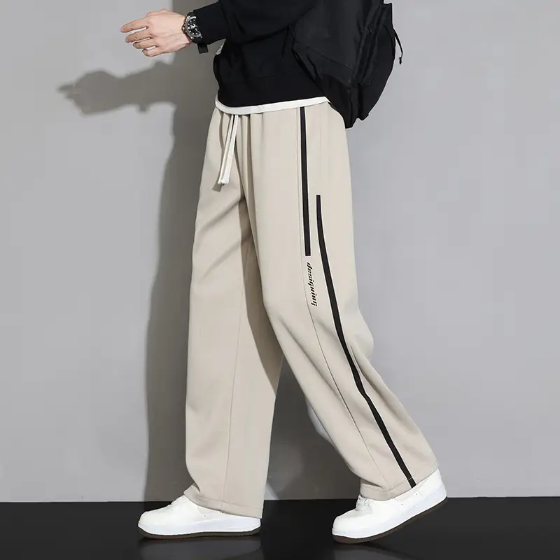 Men Straight Leg Sweatpants Grey Stripe Loose Fit - Image 3