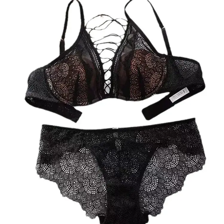 French Style Large Underwear Women's Small Chest Soft Steel Ring Sexy Pure Desire Strap Hollow Lace Bra Set - Image 11