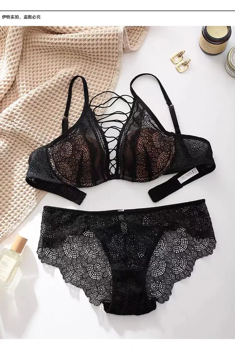 French Style Large Underwear Women's Small Chest Soft Steel Ring Sexy Pure Desire Strap Hollow Lace Bra Set — feature 10