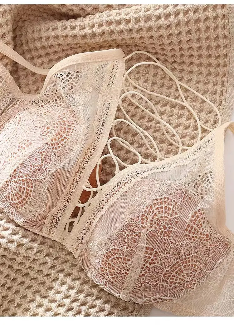 French Style Large Underwear Women's Small Chest Soft Steel Ring Sexy Pure Desire Strap Hollow Lace Bra Set — feature 18