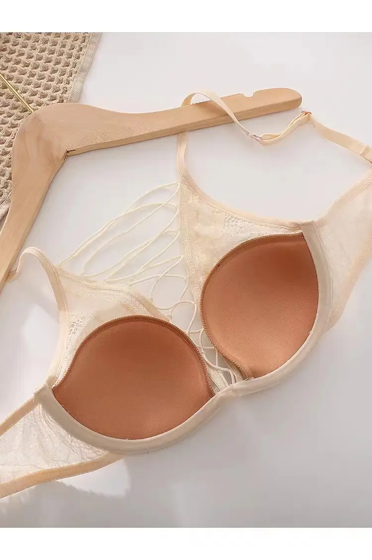 French Style Large Underwear Women's Small Chest Soft Steel Ring Sexy Pure Desire Strap Hollow Lace Bra Set — feature 19