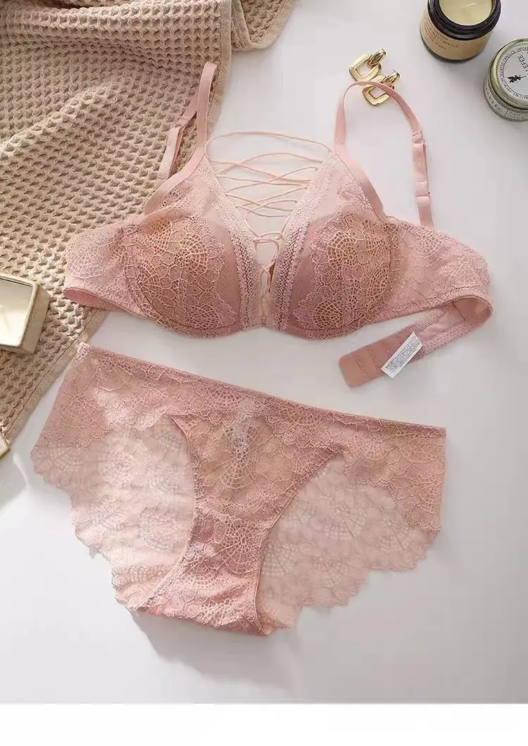 French Style Large Underwear Women's Small Chest Soft Steel Ring Sexy Pure Desire Strap Hollow Lace Bra Set — feature 20