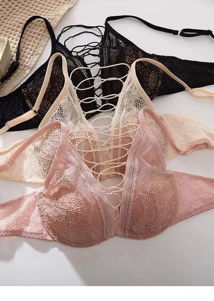 French Style Large Underwear Women's Small Chest Soft Steel Ring Sexy Pure Desire Strap Hollow Lace Bra Set — feature 21