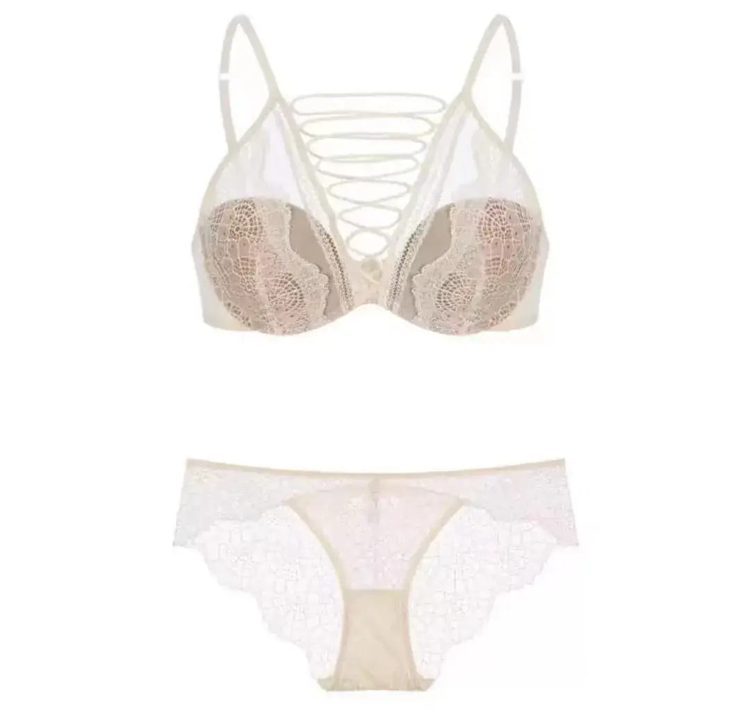 French Style Large Underwear Women's Small Chest Soft Steel Ring Sexy Pure Desire Strap Hollow Lace Bra Set - Image 5