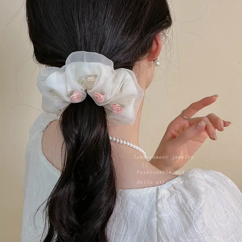 Rose Gold Embroidered Hair Scrunchie for Women - Image 7