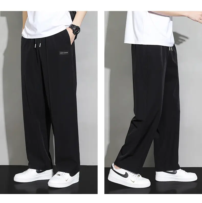 Men's Black Ice Silk Wide Leg Pants Hanging Sense — feature 10